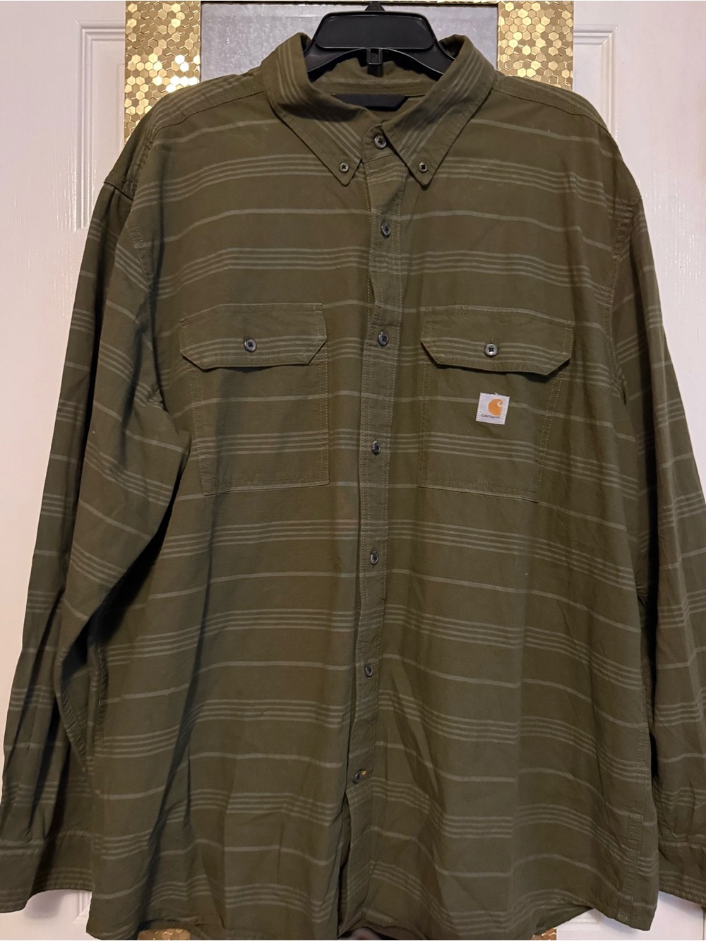 Carhartt Olive Striped Button-Front Work Shirt
